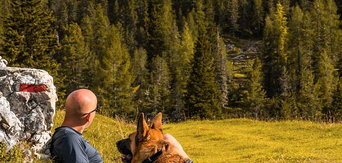 Wanderer mit Hund bei Rast