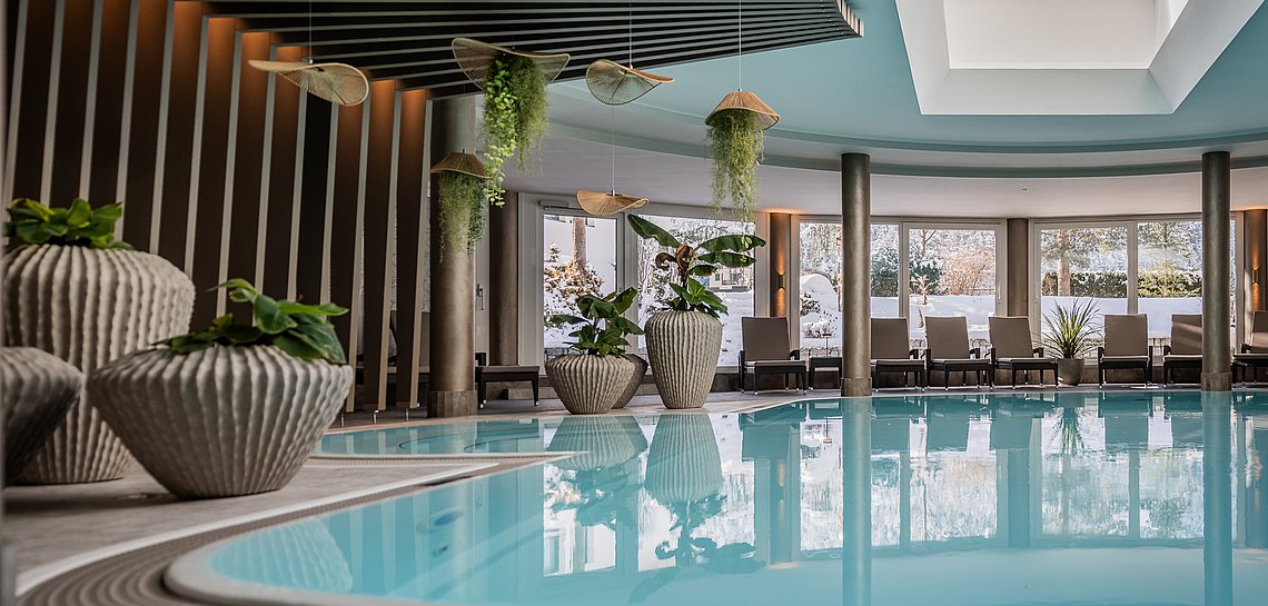 Pool mit Blick in den winterlichen Garten